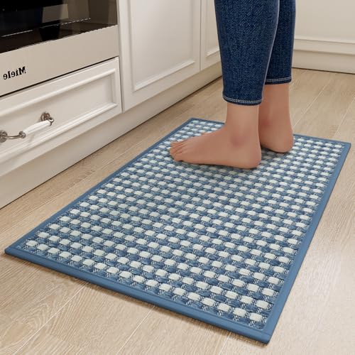 YDKGL Kitchen Mats for Floor, Super Absorbent Kitchen Rugs Non Slip Washable, Rubber Backing Soft Chenille Braided Kitchen Runner Rug Standing Mat Sink Mat, Easy to Clean, Blue 17