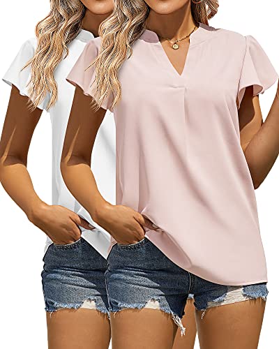 2 Pack Women's Tops Dressy Casual, Summer Ruffle Short Sleeve Top V Neck Tunic Top Blouses Loose Fitted T Shirt (White, Pink, Large) #TOP10