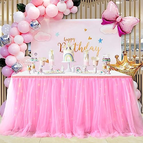 Albassa Pink Tulle Table Skirt for Rectangle or Round Tables Skirt with LED Light Baby Shower Tablecloth for Birthday Party Cake Dessert Table Decorations (L14(ft)*H 30in, A-Pink)