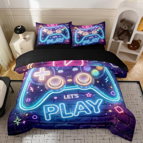 Image of NINENINE Gaming Controller Comforter Sets, Purple Brick Galaxy Gamer Bedding 5PCS Twin Size Comforter Sets for Teen Boys (1Comforter, 1Flat Sheet, 1Fitted Sheet, 2Pillowcases)