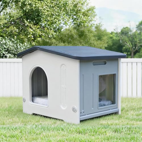 Rockever Plastic Outdoor Cat House with Escape Door, Waterproof Cat Shelters for Feral Cats Indoor Cat House with Mat, Sturdy Cat House for Outdoor Cats, Assemble Easily-Grey