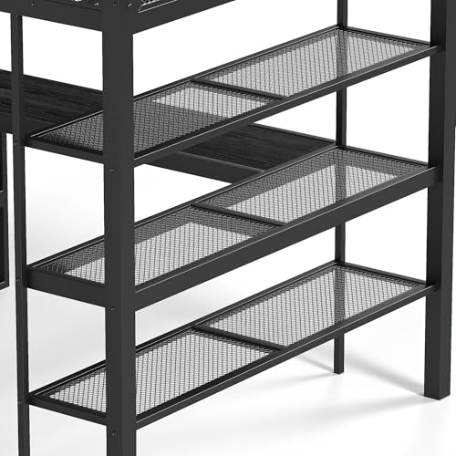 Image of Bellemave Queen Size loft Bed with Desk and Storage Shelves and Hanging Rod, Metal Queen Loft Bed Frame for Adults, Kids, Teens, Black