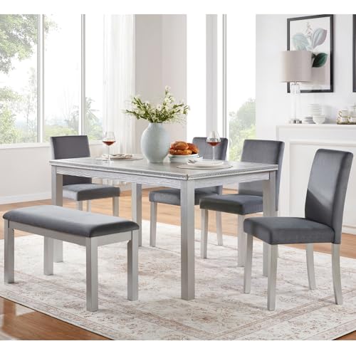 Image of KEIKI 6-Piece Standard Height Dining Table Set with Rectangular Table, 4 Upholstered Chair, Bench, for 6 Person, Crystal Decoration Table Set, Easy Assembly, for Kitchen, Dining Room, Silver Grey
