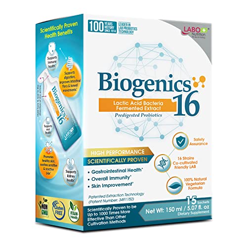 LABO Nutrition Biogenics 16–Lactic Acid Bacteria Fermented Extract, 1000x More Effective, Gut Health Support Beyond Probiotics & Prebiotics, Improve Intestinal Skin and Immune Health, 10mlx15 sachets