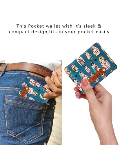 Image of Funk For Hire Unisex Vegan Leather Small Card Wallet Teal Mini Bifold Wallet with 6 Card Slots Cash Compartment & Zipper Coin Pouch Compact Lightweight Durable Faux Leather