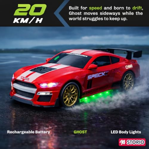 Image of Storio Ghost RC Drift Car 1:24 Scale 4WD | 20KM /H High-Speed Remote Control Car with LED Lights | 2.4GHz Rechargeable Drift Racing Car with Extra Tires & Cones | Birthday Gift | Boys & Girls