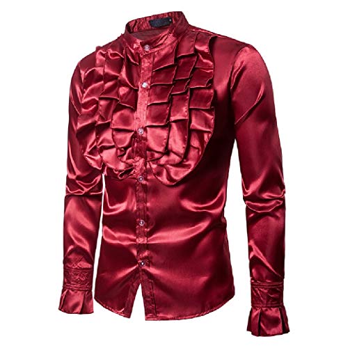 Fiere Mens Satin Stage Clothing Ruffle Long Sleeve Banded Collar Woven Shirt Wine Red XL