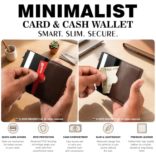 Image of Mini2buy Engraved Your Name Large Pocket Pop-Up Leather Wallet for Men & Women | RFID Blocking | Slim Magnetic Bifold Wallet with Quick Access Button - Holds 14 Cards & Cash (Brown-Wallet)