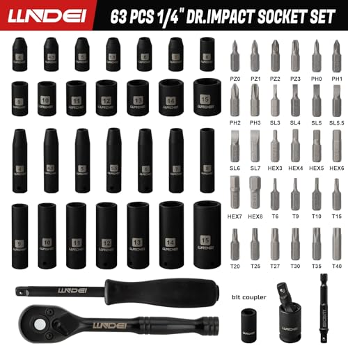 Image of LLNDEI 1 /4 inch Drive Socket Wrench Set, 1 /4-Inch Impact Socket Set Metric(4-15mm) Deep and Shallow 6 Point, CR-V, 63PCS with 72T Ratchet Wrench Handle for Household&Automotive Repairing