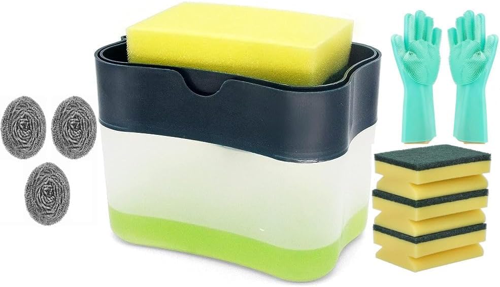 9 In 1 Sponge Rack Shelf Soap Detergent Dispenser Pump, 3pak Heavy Duty Stainless Steel Scourer, 3 Pcs Sponge Scrubber, Magic Silicone Cleaning Gloves Dishwashing Scrubber Reusable Dish Wash