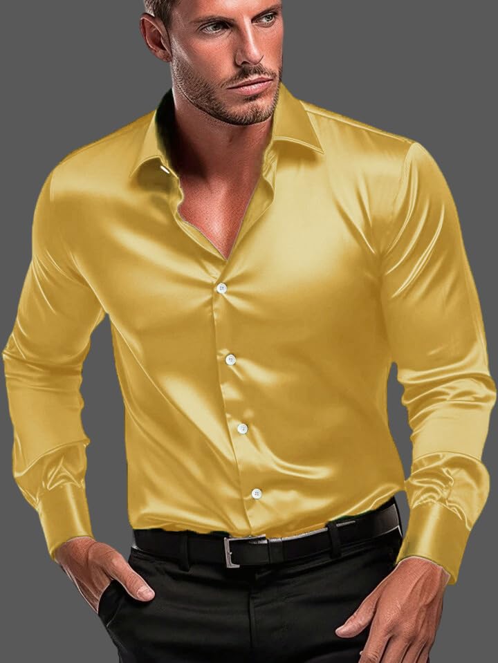 Image of IndoPrimo Men's Satin Shirt with Spread Collar Neck Line Solid Pattern Full Sleeves Regular Fit Western Style and Standard Length