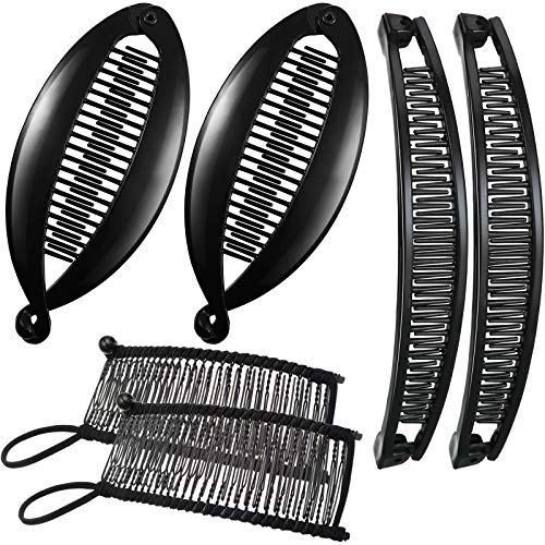 6 Pieces Banana Hair Clips, Include 2 Pieces Double Comb Banana Clip, 2 Pieces Fishtail Hair Clip and 2 Pieces Clincher Combs Banana Ponytail Clip for Women Girls (Black,30 Tooth)