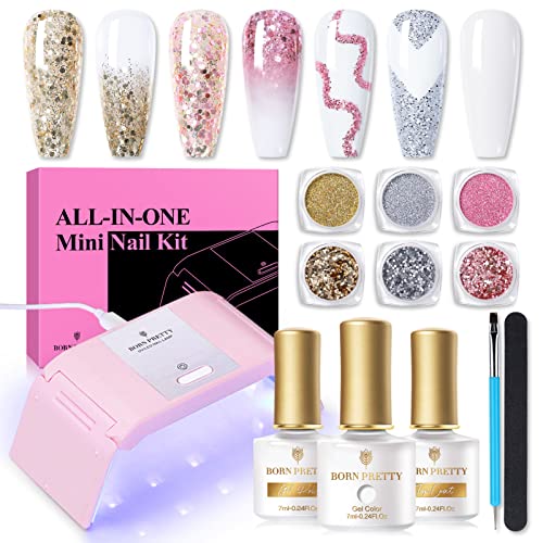 BORN PRETTY Kit Ongle Gel UV Complet Capsule Debutant, Vernis Semi Permanent Lampe à UV LED avec Base Coat, Top Coat, Vernis à Ongles Semi-permanent, 6 Poudres à Ongles et Brosse à ongles Art Outil Cover