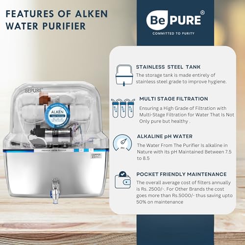 Image of Bepure Alken ISI Mark Stainless Steel Tank 12L RO+UV+UF+TDS+ Copper Alkaline Water Purifier| 8 Stage Purification | Steel Tank RO Water Purifier | Stainless Steel Filter | Works Upto 3000 ppm