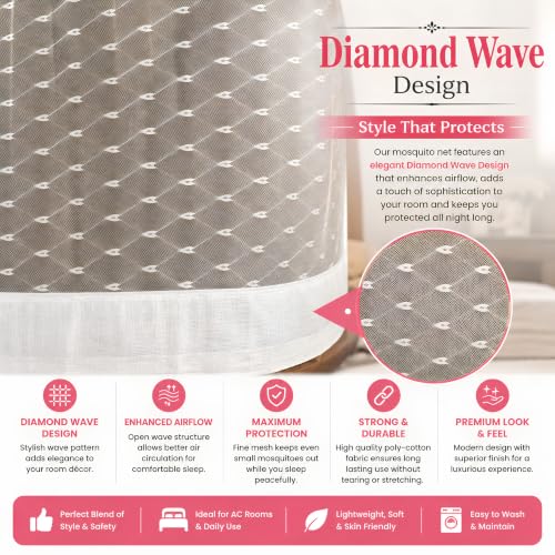 Image of Mosquito Net for King Size Bed & Double Bed, 6x7 Ft, Machhardani | Diamond Wave Design, Premium Poly-Cotton Fabric, Soft Breathable Mesh