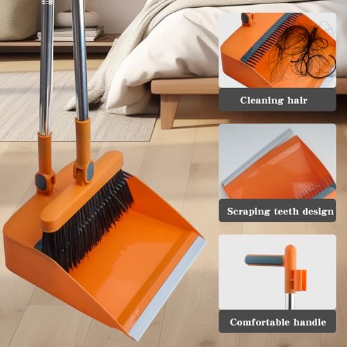 FKKFSS Kehrschaufel und Besen mit langem Griff, winddicht, vertikale Verlängerungsstange, schwenkbares Besen-Set – Orange – Bild 4