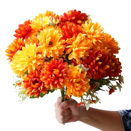 YXYQR 6 Pack Artificial Marigold Silk Flowers Bouquet, Burnt Orange Yellow Fake Mums Chrysanthemums, 30 Heads Faux Marigolds for Wedding Indoor Outdoor Vase Table Porch Home Halloween