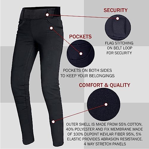 Bikers Gear Australia Damen Motorrad-Leggings mit Kevlar gefüttert, mit abnehmbarer CE-Protektoren, Schwarz, 14