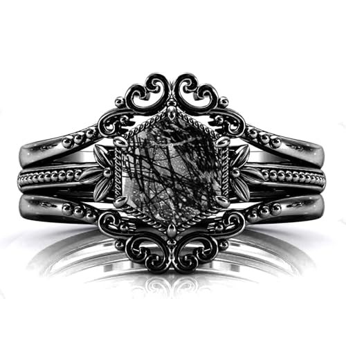 Natural Hexagon Black Rutilated Quartz Engagement Ring Set 925 Sterling Silver Rings for Her with Free Engraving Jewelry Gift for Women Black Rutilated Quartz Vintage Ring Set Size 4-15 -4