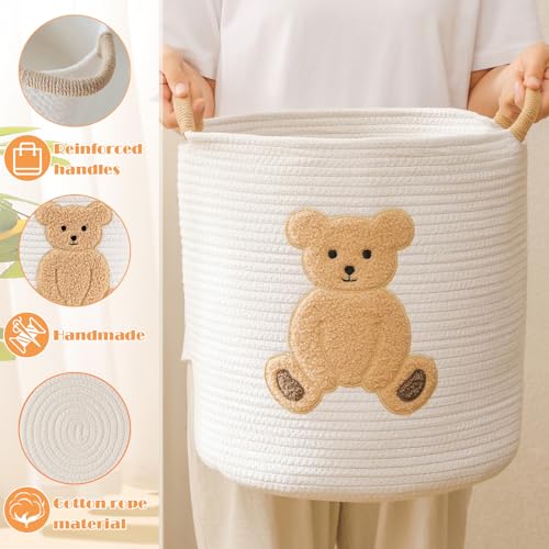 Image of Large Blanket Baskets for Living Room, Teddy Bear Baskets Toy Storage Basket, 14 inch x 14 inch Woven Cotton Rope Basket for Kids, Toys Organizer Clothes Hamper with Embroidery, Teddy Bear Nursery Decor