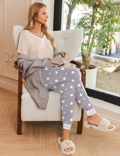 Image of Ekouaer Pajamas for Women Set 2 Piece Fall Lounge Sets Short Sleeve Pjs Joggers Long Pants Sleepwear with Pockets