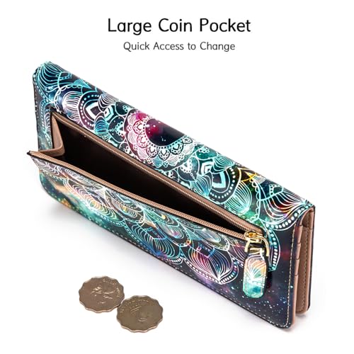 Image of Ultra Slim Thin Leather Women Wallet Rfid Blocking Credit Card Holder Bifold Clutch (Mandala in the Galaxy)