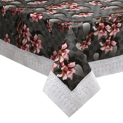 Image of Dakshya Industries PVC Waterproof Square Table Cover 48x48 Inch for 4 Seater Dining Table | Floral Printed Oilproof Stain Resistant Washable Plastic Table Cover, Dark Grey