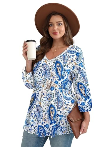 Image of OFEEFAN 3 /4 Length Sleeve Womens Tops 2026 Blouses for Women Dressy Casual Fashion Clothing V Neck Babydoll Tops Fall Outfits