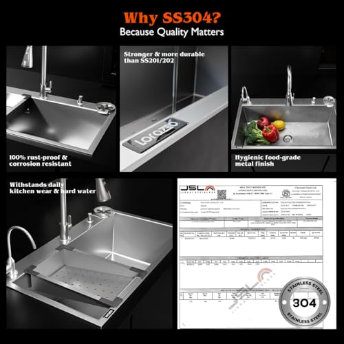 Image of Lorazzo Lustr All-in-One CERTIFIED 304 SS Kitchen Sink with Faucet (30X18 inches) | Sink with Glass Washer, RO Tap, Soap Dispenser, Drainer Basket, Coupling & Pipe | 20-Year Lorazzo Limited Warranty