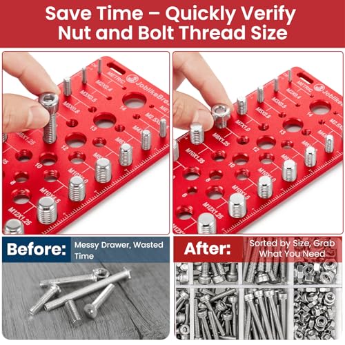 Image of Thread Checker, 60 Nut and Bolt Thread Checker, 20 Standard & 20 Metric & 20 Drill /Screw Gauge, Bolt Size Finder, Wall-Mountable Bolt Thread Identifier Gauge with Inch & CM Ruler