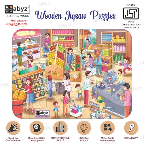 Image of ABYZ Wooden Jigsaw Puzzle - Super Market Playset for Fun Educational & Little Explorers, 35-Pieces Fun Games with Multicolor | Birthday Gift for (4-6 Years) Age Kids.