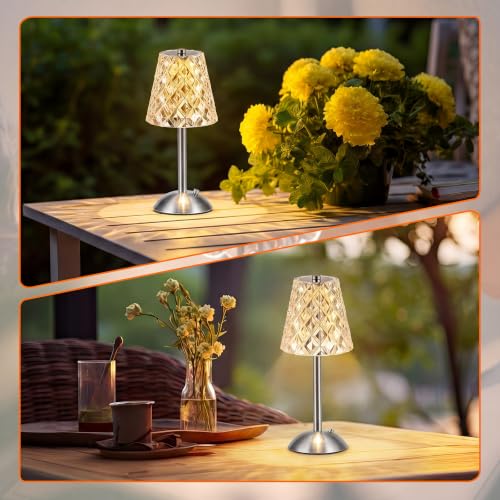 Image of Liliful 2 Pcs Cordless Table Lamp Rechargeable Touch LED Small Gold Portable Battery Operated USB-c Desk Lamp 3 Color Dimmable for Bedroom Living Room Dining (Silver,Diamond Style)