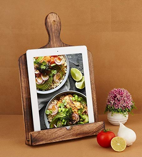 Eximious India Wooden Cook Book Stand Chopping Board Style Foldable Recipe Book Stand Holder Easel for Kitchen Text Book Ipad Tablet L9.5 x B1 x H14 inches (Design 2) (Brown)