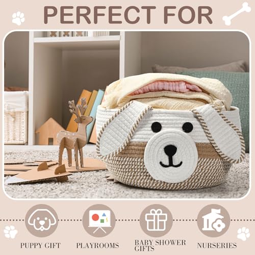 Image of Zopeal Dog Woven Basket Cute Woven Cotton Rope Puppy Animal Storage Basket for Laundry Toy Gift(Khaki, White,13 x 8 Inch)