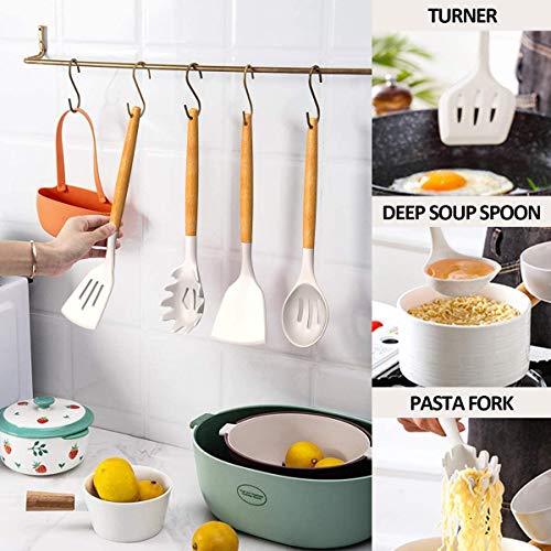 Umite Chef Kitchen Cooking Utensils Set, 24 pcs Non-Stick Silicone Spatula Set with Holder, Wooden Handle Heat Resistant Kitchen Gadgets (Khaki) - Image 3