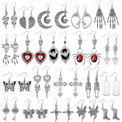 20 Pairs Gothic Earrings for Women Punk Style Grunge Gothic Earrings Kit with Cross Snake Spider and Skull Bones Vampire Evil Eye Earring for Grunge Y2K Emo Jewelry Pack Party Costume Accessories