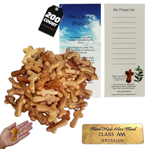 Holy Land Market 200 Small Olive Wood Hand Crosses - 2.5 Inch Pocket Palm Crucifix | Handmade Jerusalem Crosses - Christian Gifts with Certificates & Lord Prayer Card | Meditation & Prayer Crosses