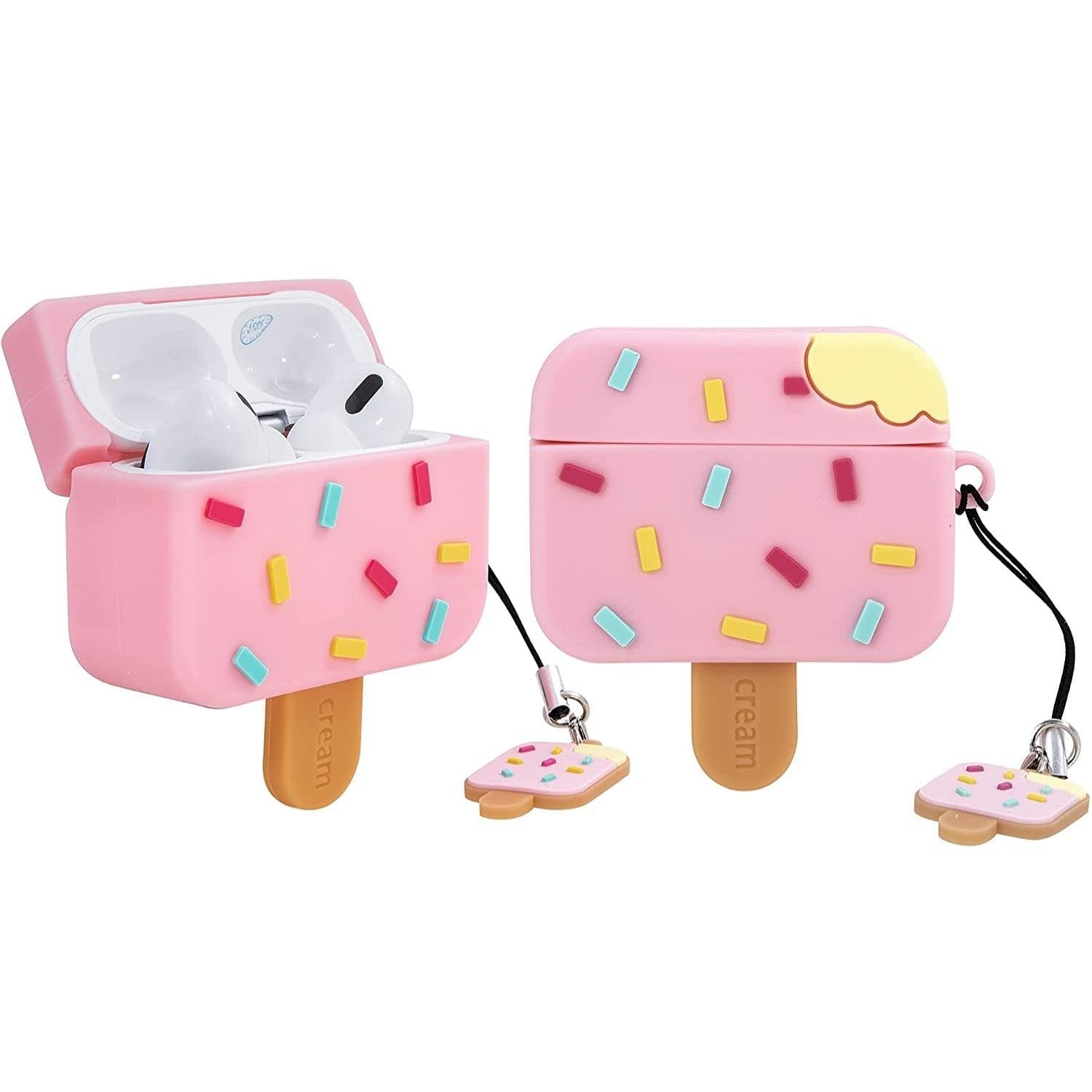 Meyaar Compatible for AirPods Pro 2nd Generation Case Cover with Keychain, Soft Silicone Skin Case Cover Full Protective (Only Silicone Cover) (Ice Cream Strawberry)-image-18