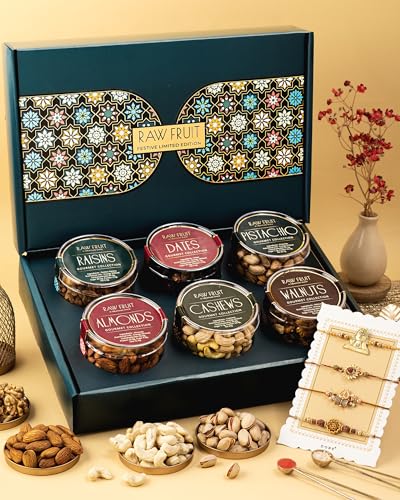 Image of Hyperfoods Rakhi Gift For Brother Rakhi With Gift For Brother Rakhi For Brother Set Of 5 Dry Fruits Combo Pack Rakhi For Brother With Dry Fruits Pack Of 6 Dryfruits Rudrakshtam Rakhi Pack Of 4