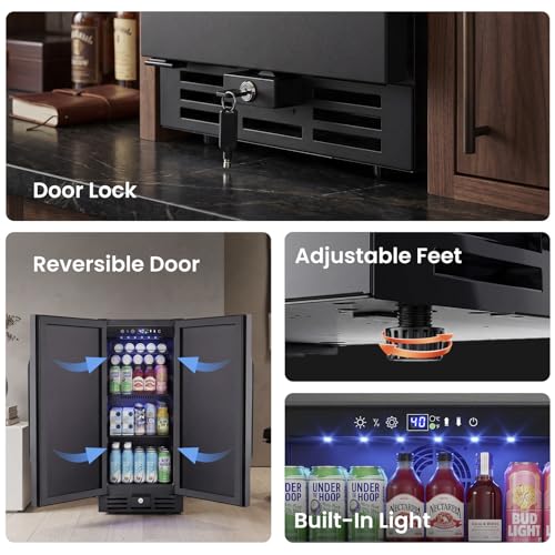 Image of 15 Inch Wide Under Counter Beverage Refrigerator, 128 Cans Large Capacity Drink Cooler, Freestanding & Built-in Beer Wine Soda Fridge with LED Light, for Home Kitchen Bar Office Outdoor Patio Black