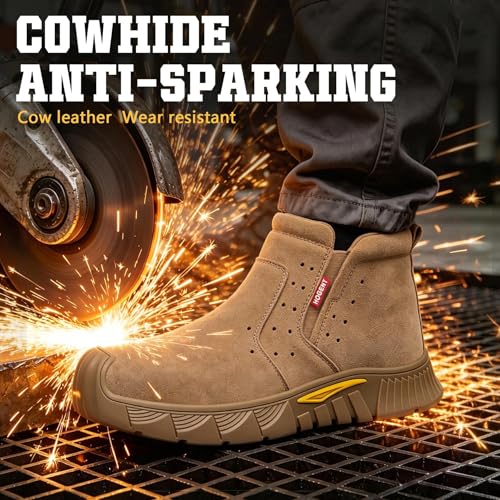 Image of Hogent Welding Work Boots for Men Slip on Steel Toe Shoes for Men Soft Comfortable Safety Boots Mens Work Boots Indestructible Puncture Proof Construction Boots for Men Safety Toe Footwear for Welder
