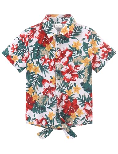 Image of Noomelfish Girls Tie Front Hawaiian Shirt Summer Floral Tropic Short Sleeve Button Down Tops (5-14 Years)