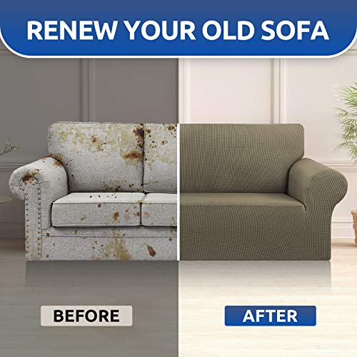 KEKUOU Stretch Oversized Sofa Slipcover 1 Piece Couch Sofa Cover (94"-110") Furniture Protector 4 Seater Sofa with Elastic Bottom for Kids,Pet.Jacquard Checked Pattern Fabric(X Large,Khaki)