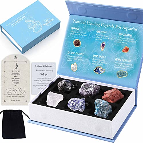 Faivykyd Aquarius Crystals for Healing, Natural Spiritual Crystals with Horoscope Box, Zodiac Birthstone Crystal Set, Birthday Gifts for Women Men Friends, Healing Crystal for Beginners