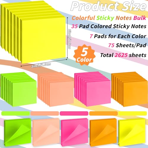 Image of 35 Pack Sticky Notes Bulk 3x3 Inch 5 Bright Colors Colorful Memo Pads