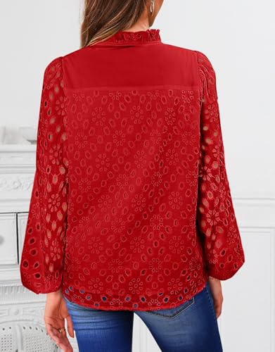 BETTE BOUTIK Women's Long Short Sleeve Tops 2025 Dressy Casual Button Hollow Out Lace Embroidered Blouses Shirts