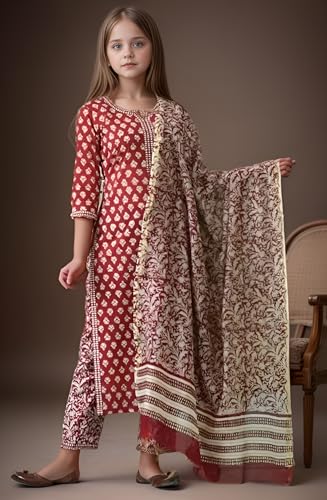 Image of Girls Printed Pure Cotton Kurta Pant with Dupatta