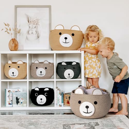 Image of CherryNow Baby Basket for Nursery, Bear Gift Baskets for Kids, Baby Shower Basket with Handles, Small Cute Animal Baskets, Light Brown, 15.7 inch D x 10.5 inch H