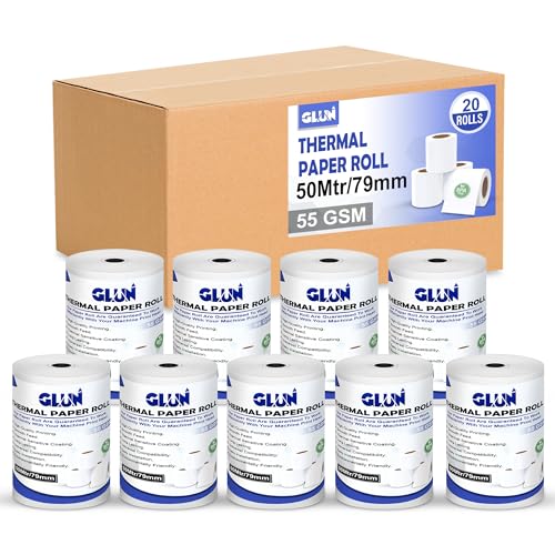 Image of GLUN POS Receipt Thermal Paper Rolls, Pack of 20 Rolls 79mm(3 inch) x 50 Meter Size, Smudge & Jam-Free Thermal Rolls for Cash Billings