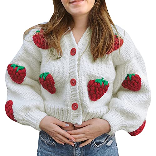 UAURORAO Women Oversized Cute Cardigan Fruit Embroidered Cropped Sweater Coat Button Chunky Knit Aesthetic Cardigans